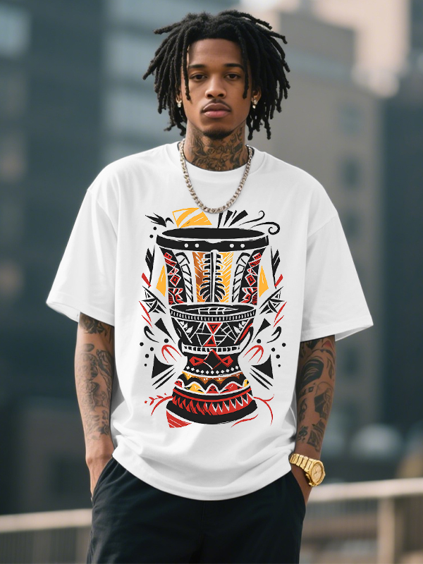 Men's Afro Art Djembe Drum Print Cotton Casual T-Shirt-Styleame