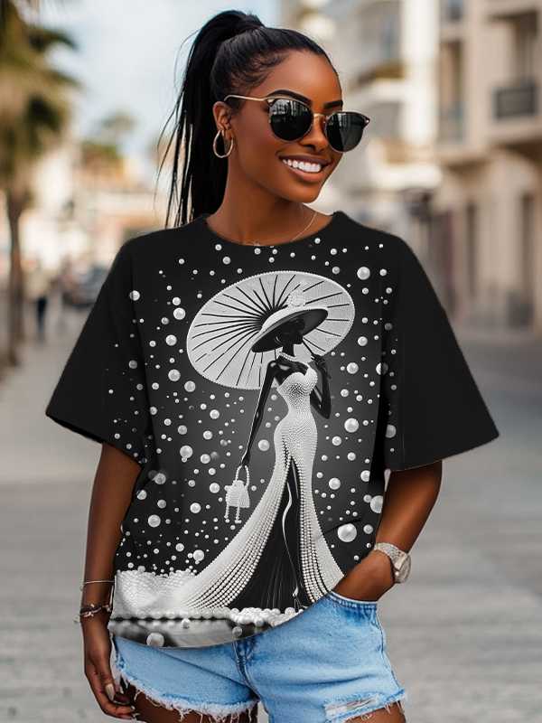 Women's Elegant Black Woman Pearls Print Casual T-Shirt-Styleame