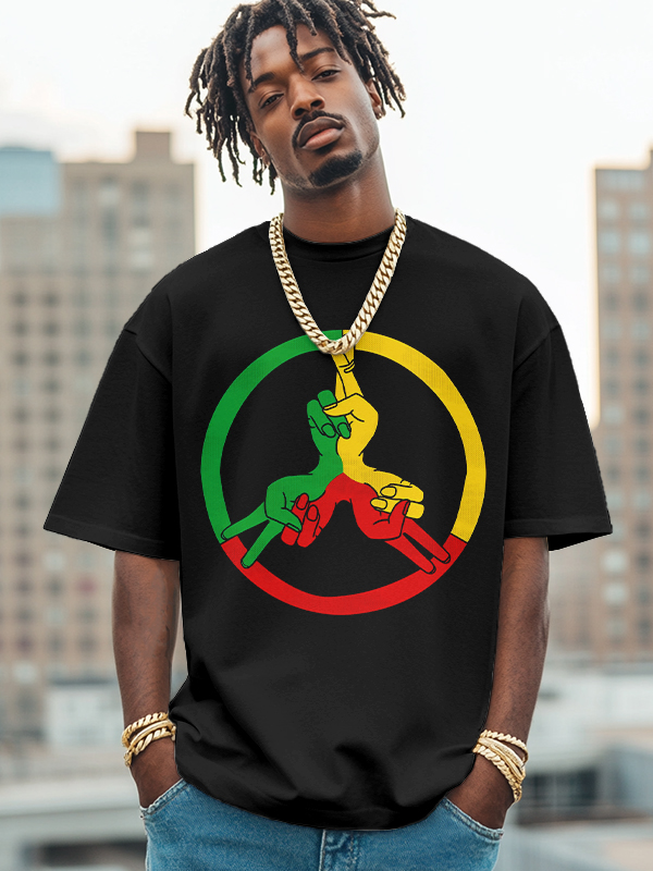 Men's Peace Symbol Reggae Color Scheme Print Cotton Casual T-Shirt-Styleame