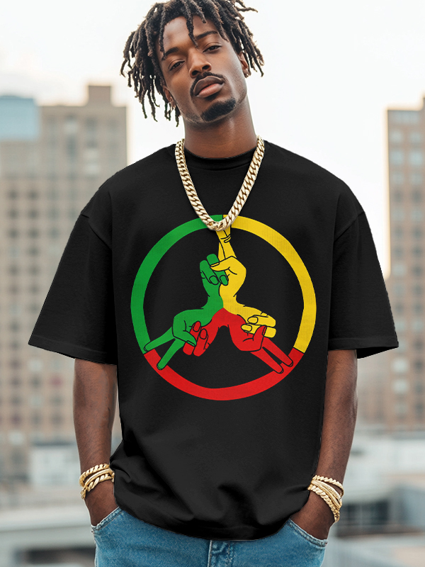 Men's Peace Symbol Reggae Color Scheme Print Cotton Casual T-Shirt-Styleame