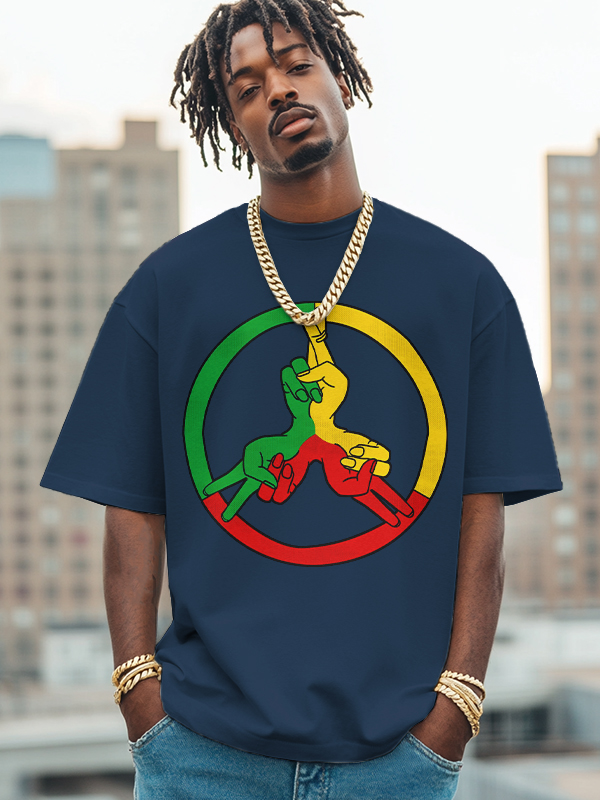 Men's Peace Symbol Reggae Color Scheme Print Cotton Casual T-Shirt-Styleame