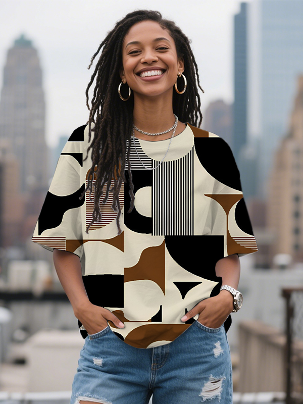Women's Geometric Pattern Color Block Print Casual T-Shirt-Styleame