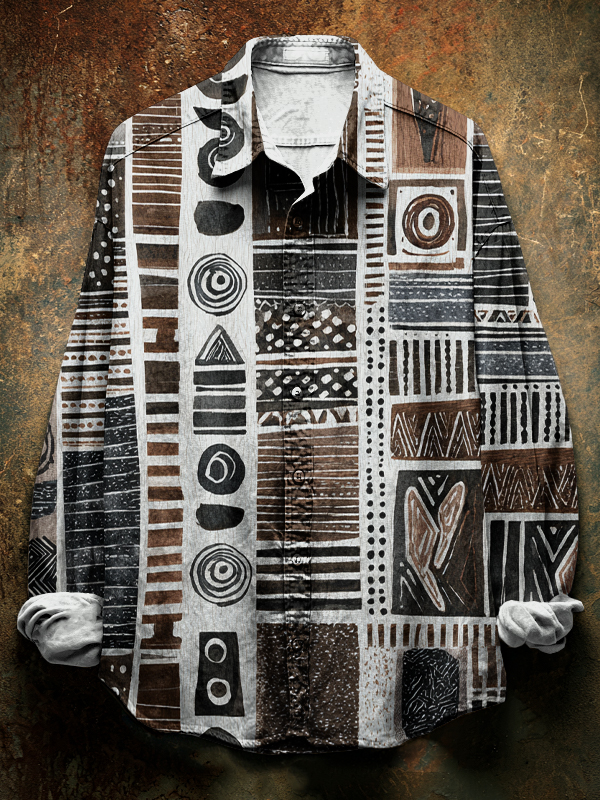 Men's Tribal Geometric Abstract Art Print Long Sleeve Shirt-Styleame