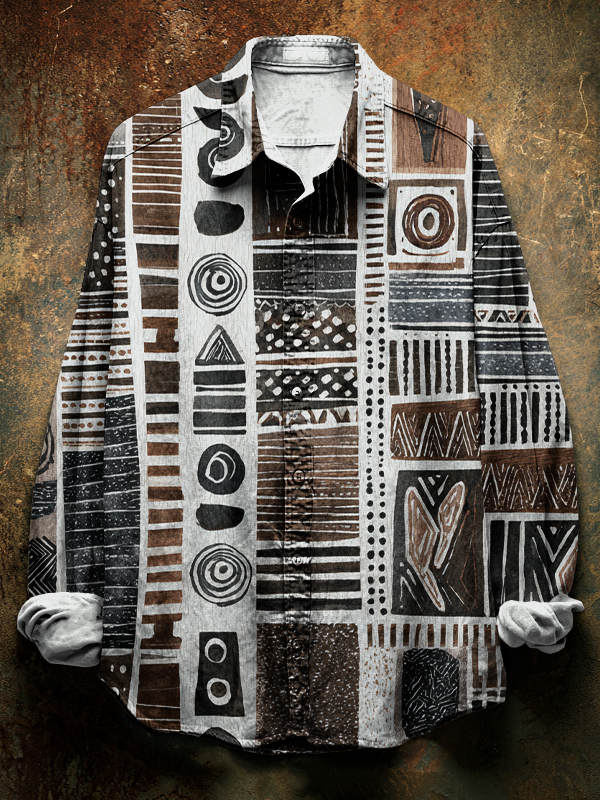 Men's Tribal Geometric Abstract Art Print Long Sleeve Shirt-Styleame