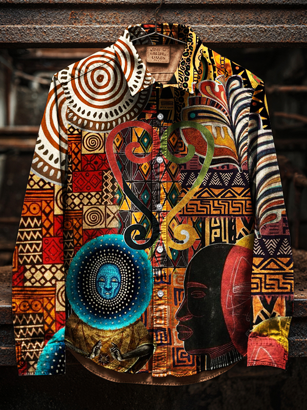 Men's Vintage African Tribal Ethnic Pattern Print Long Sleeve Shirt-Styleame