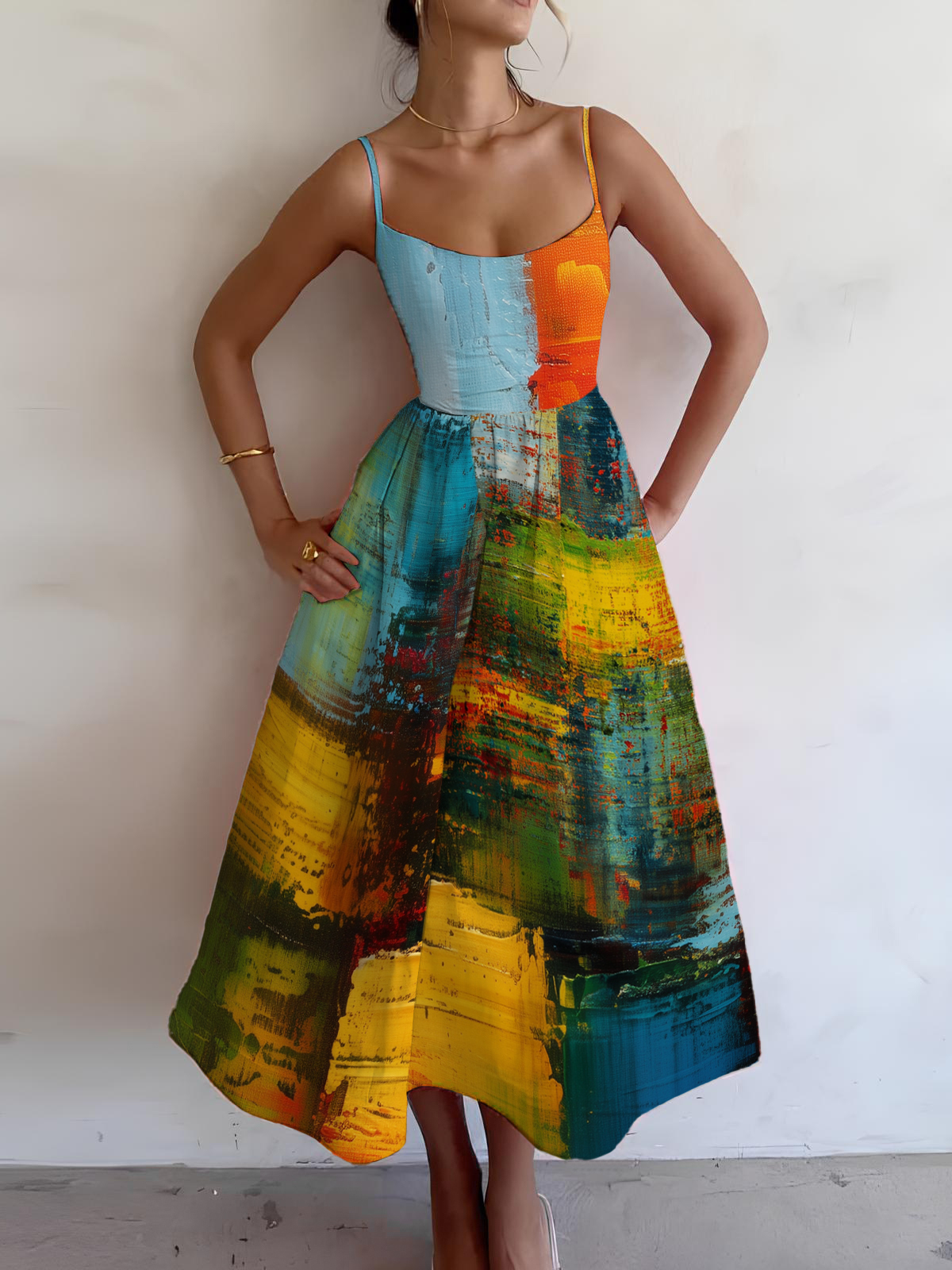 Women's Reggae Abstract Art Colorblock Print Cami Midi Dress-Styleame