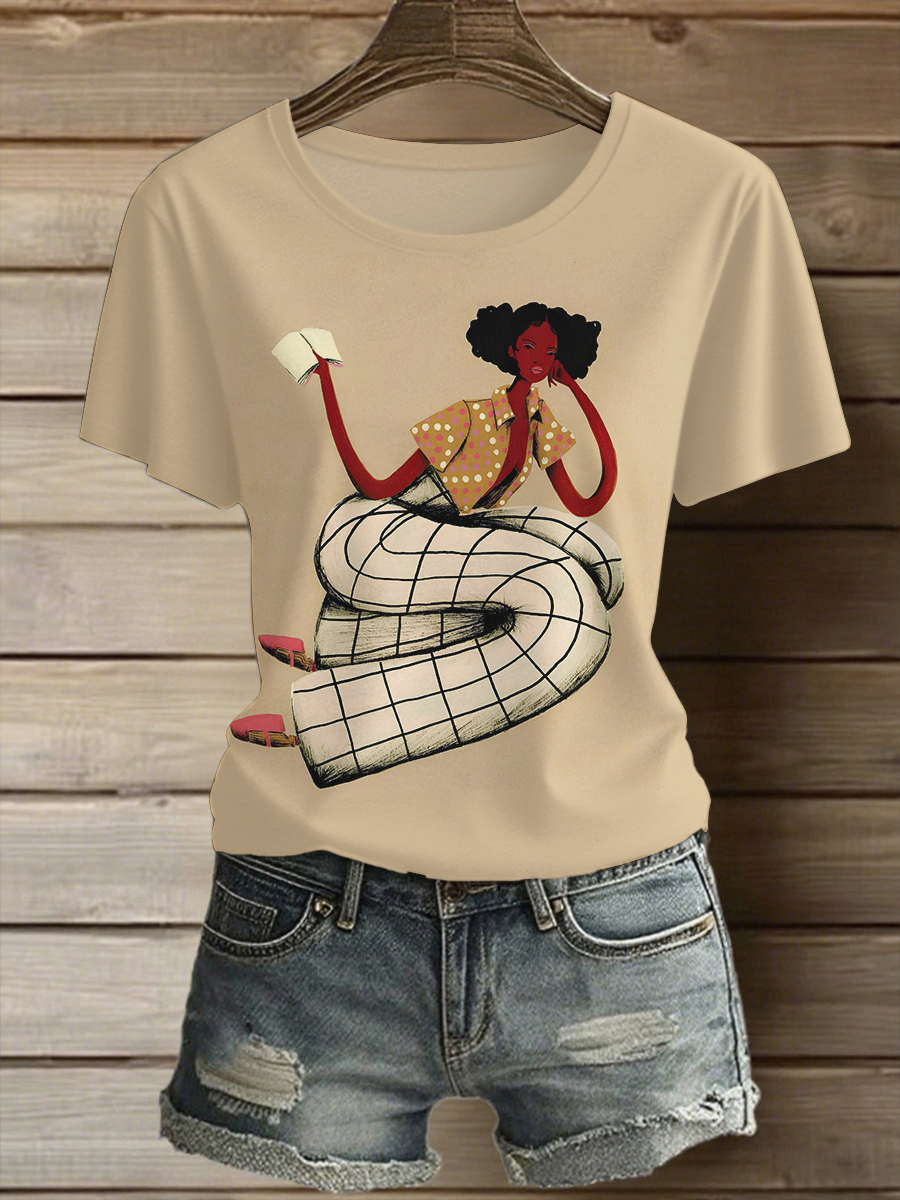 Women's Black Girl Funny Cartoon Print Casual T-Shirt-Styleame