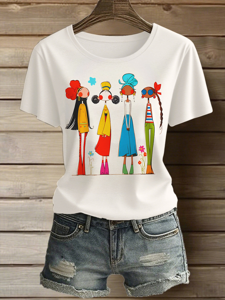 Women's Cartoon Art Girls Print Casual T-Shirt-Styleame