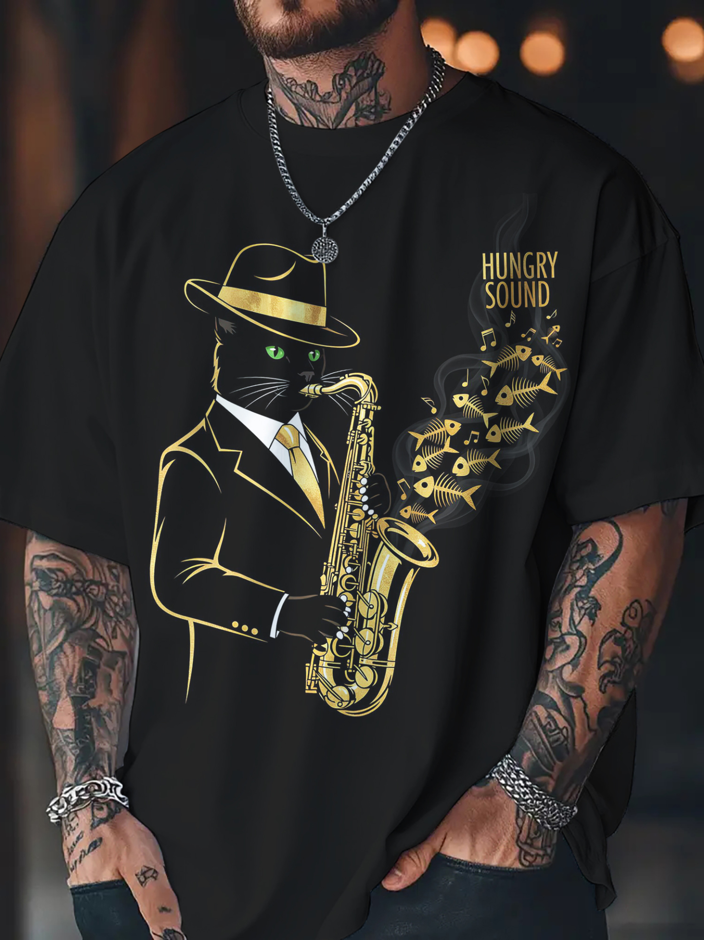 Men's Hungry Sound Cat Saxophone Player Print Casual T-Shirt-Styleame