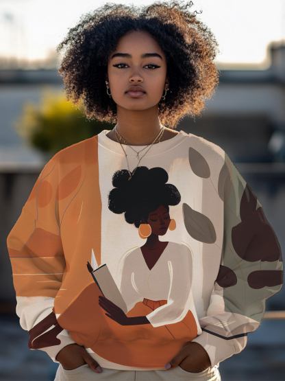 Women's Elegant Black Woman Reading A Book Color Block Art Print Casual Sweatshirt-Styleame