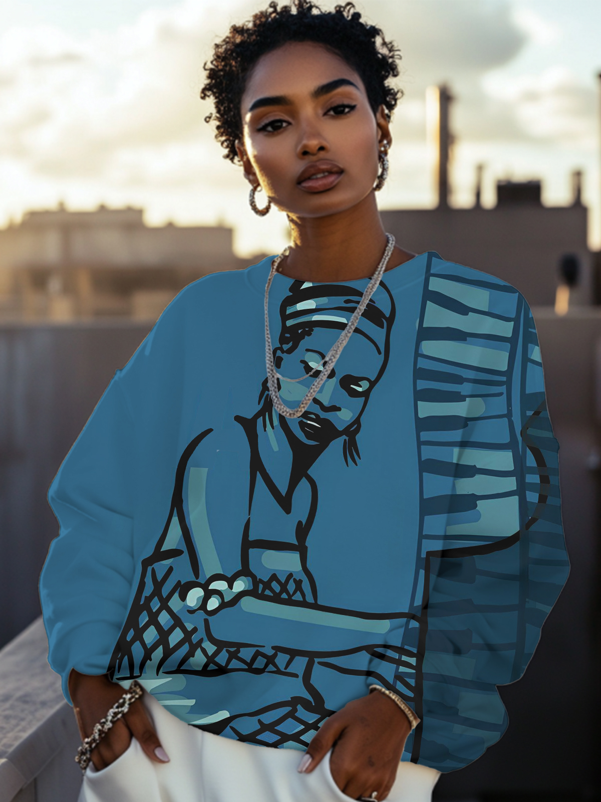 Women's Sketch African Woman Playing Piano Art Print Casual Sweatshirt-Styleame
