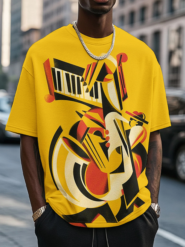 Men's Jazz Retro Saxophone Abstract Art Print Casual T-Shirt-Styleame