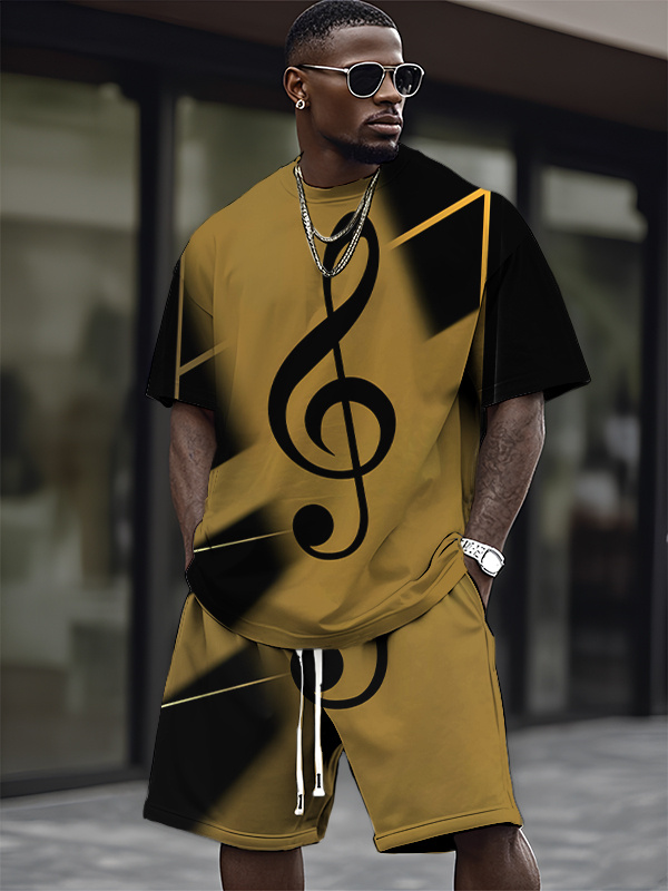 Men's Contrast Color Art Music Note Print T-Shirt Shorts Set-Styleame