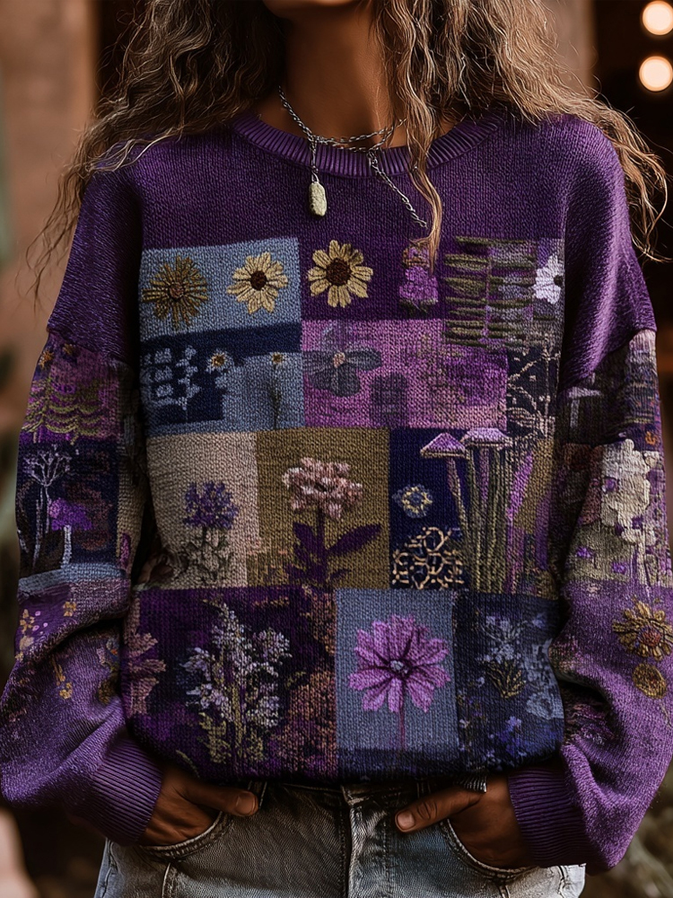 Women's Floral Patchwork Color Blocks Art Print Knit Sweatshirt-Styleame