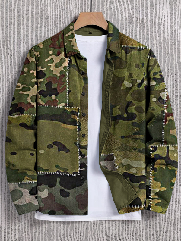 Men's Retro Camouflage Patchwork Art Print Long Sleeve Shirt-Styleame
