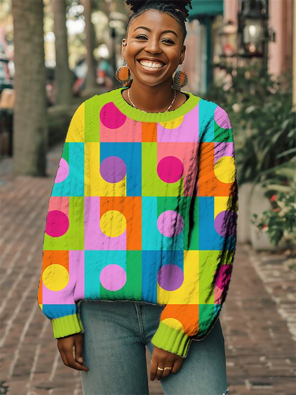 Women's Polka Dot Color Blocks Art Print Knit Sweatshirt-Styleame