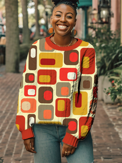 Women's Geometric Color Blocks Art Print Knit Sweatshirt-Styleame