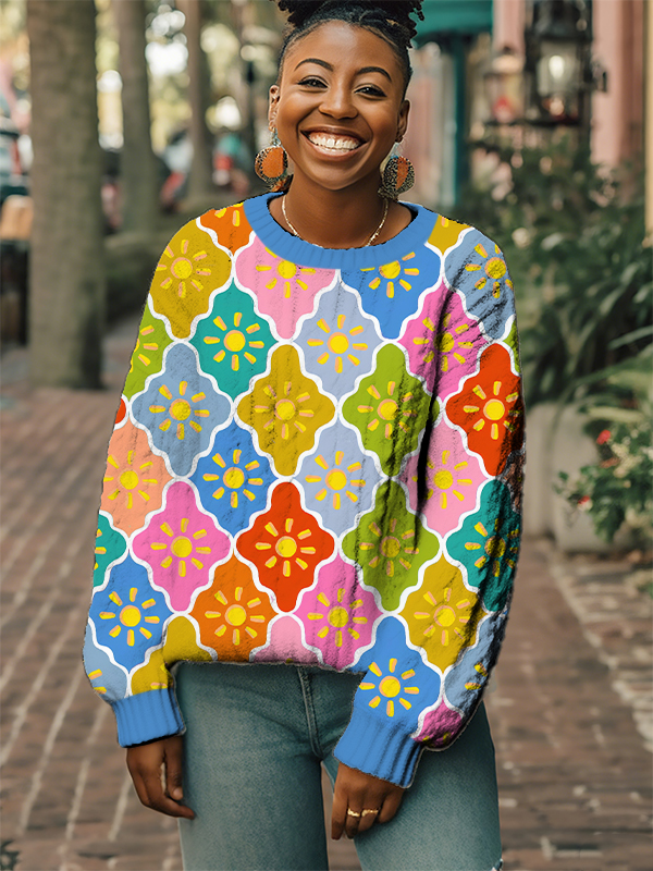 Women's Sun Flowers Color Block Art Print Knit Sweatshirt-Styleame
