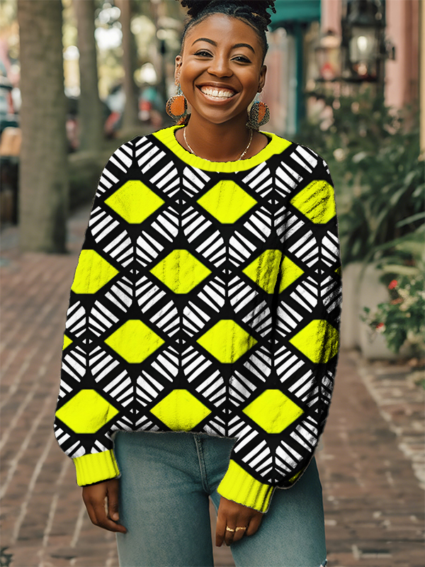 Women's Abstract Geometric Line Color Blocks Art Print Knit Sweatshirt-Styleame