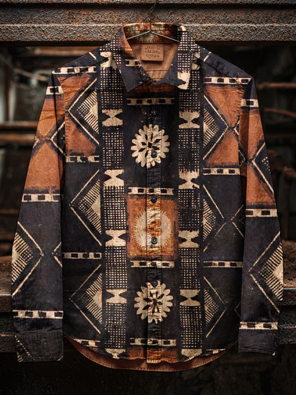 Men's Retro Geometric Tribal Patterns Art Print Long Sleeve Shirt-Styleame