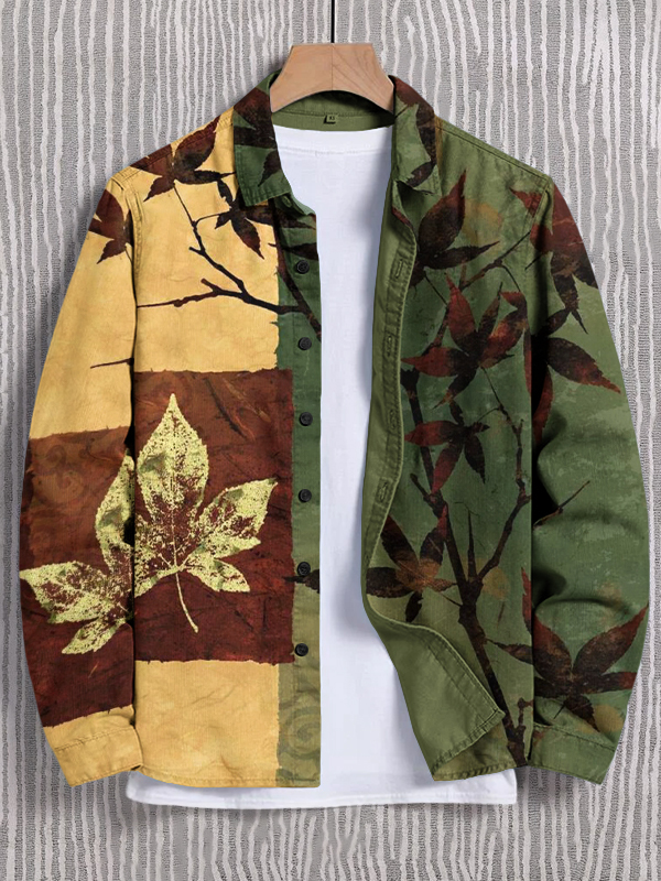Men's Maple Leaves Geometric Color Block Art Print Long Sleeve Shirt-Styleame