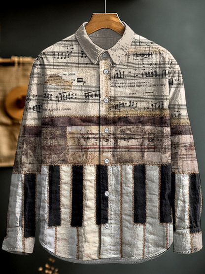 Men's Piano Keys And Sheet Music Patchwork Art Print Long Sleeve Shirt-Styleame