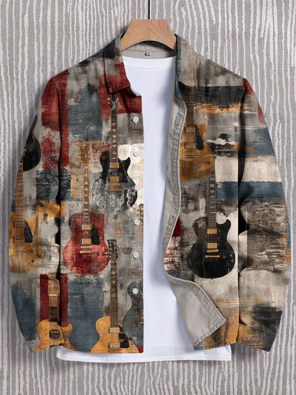 Men's Guitar Color Block Geometric Art Print Long Sleeve Shirt-Styleame