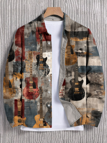 Men's Guitar Color Block Geometric Art Print Long Sleeve Shirt-Styleame