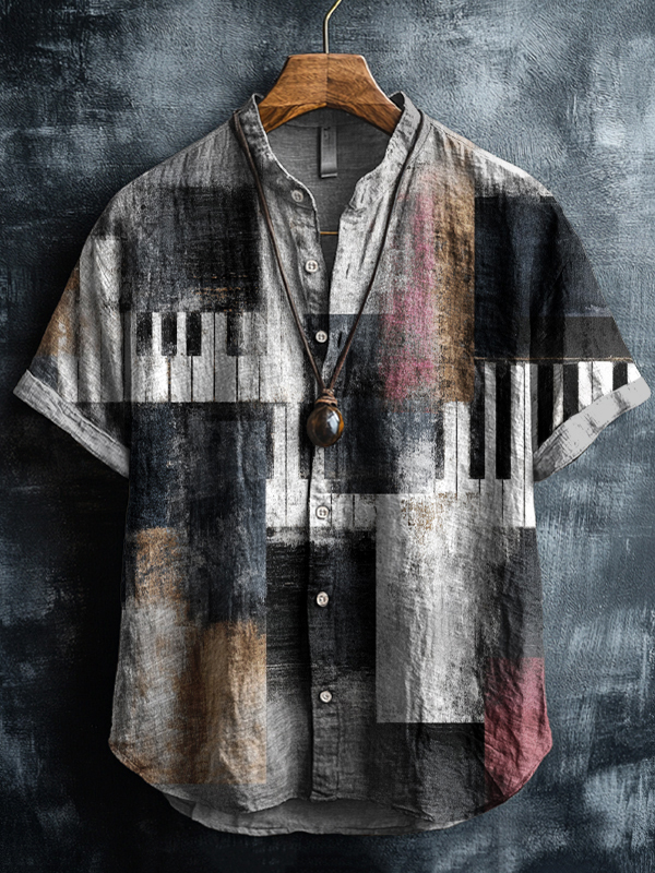 Men's Color Block Piano Keys Art Print Short Sleeve Shirt-Styleame