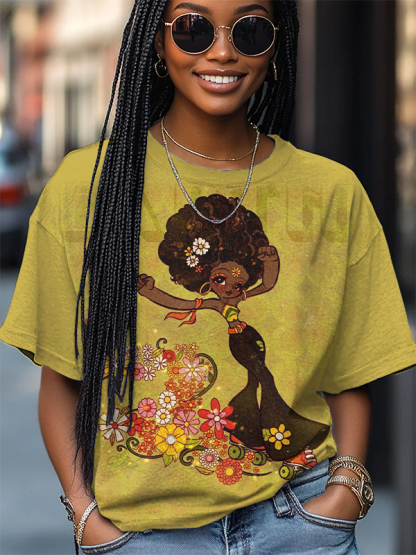 Women's Dancing Girl Flowers Print Casual T-Shirt-Styleame