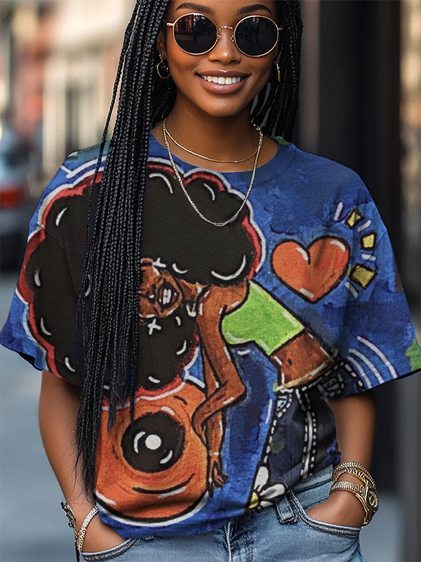 Women's Black Girl Music Lover Art Print Casual T-Shirt-Styleame