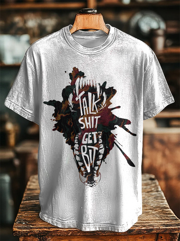 Men's Talk Shit Get Bit Graphic Print Cotton Casual T-Shirt-Styleame