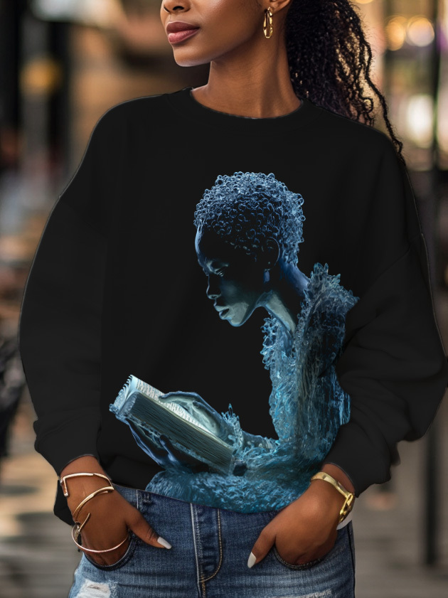 Women's Black Girl Reading A Book Art Print Casual Sweatshirt-Styleame