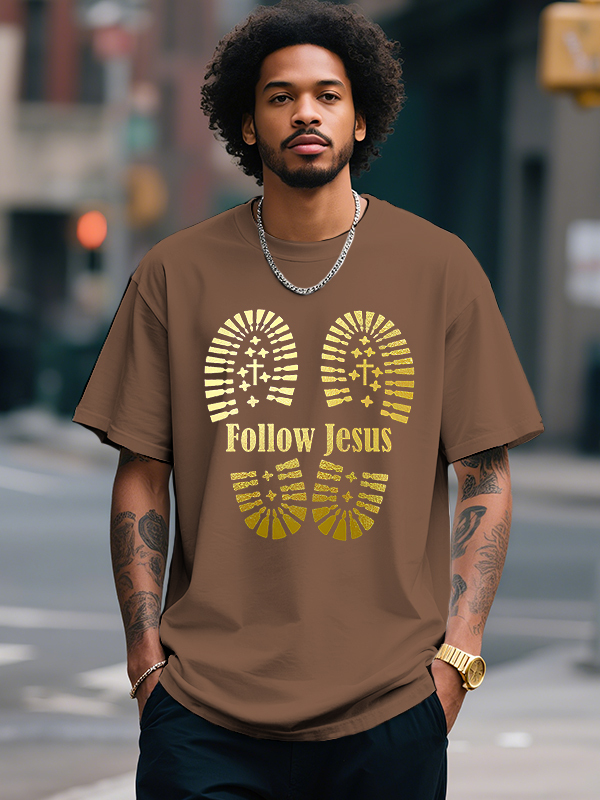 Men's Follow Jesus Cross Print Cotton Casual T-Shirt-Styleame
