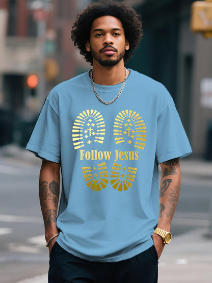 Men's Follow Jesus Cross Print Cotton Casual T-Shirt-Styleame
