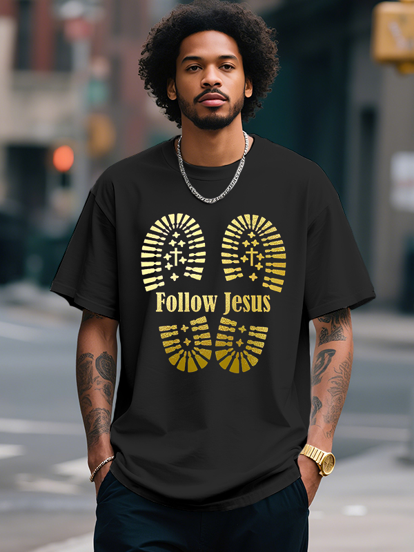 Men's Follow Jesus Cross Print Cotton Casual T-Shirt-Styleame