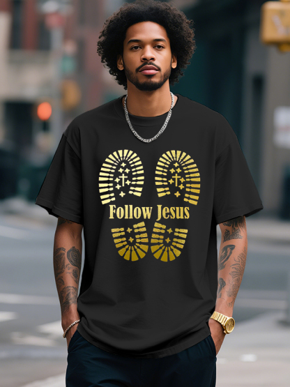 Men's Follow Jesus Cross Print Cotton Casual T-Shirt-Styleame