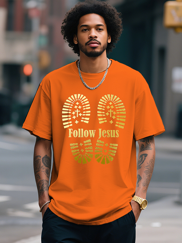 Men's Follow Jesus Cross Print Cotton Casual T-Shirt-Styleame