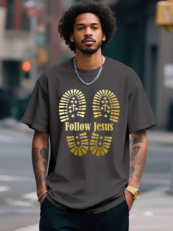 Men's Follow Jesus Cross Print Cotton Casual T-Shirt-Styleame