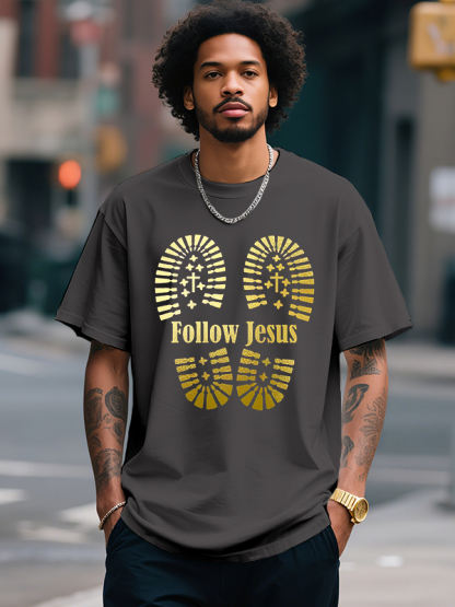Men's Follow Jesus Cross Print Cotton Casual T-Shirt-Styleame