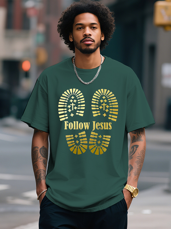 Men's Follow Jesus Cross Print Cotton Casual T-Shirt-Styleame