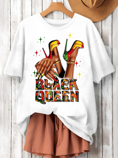 Women's Black Queen Print Cotton Casual T-Shirt-Styleame