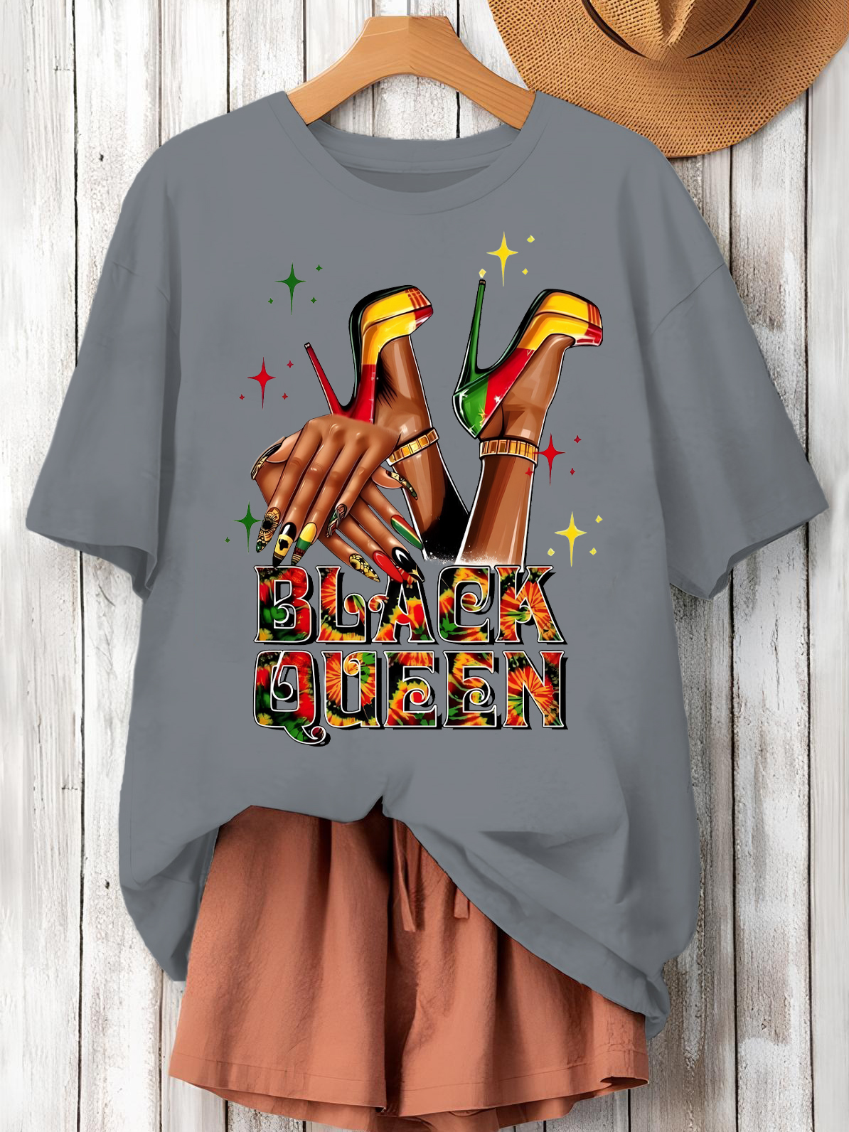 Women's Black Queen Print Cotton Casual T-Shirt-Styleame