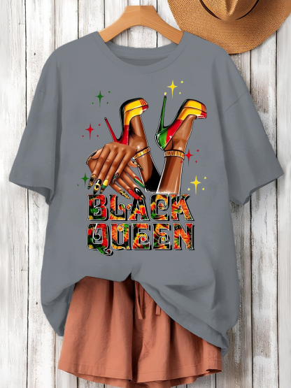Women's Black Queen Print Cotton Casual T-Shirt-Styleame