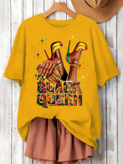 Women's Black Queen Print Cotton Casual T-Shirt-Styleame