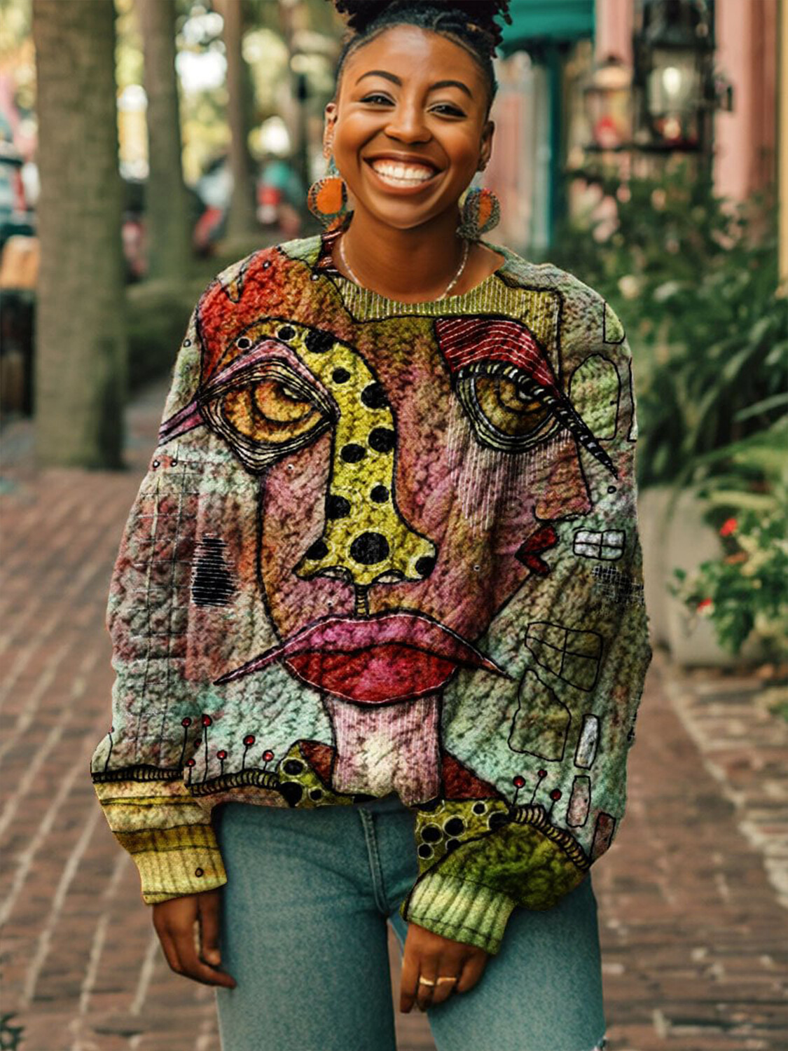 Women's Abstract Portrait Print Knit Sweatshirt-Styleame