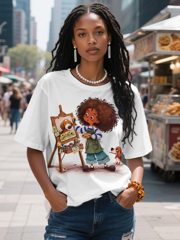 Women's Little Girl Drawing Art Print Casual T-Shirt-Styleame