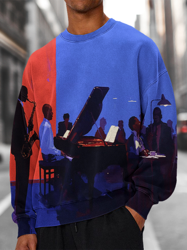 Men's Jazz Saxophone And Piano Performance Print Casual Sweatshirt-Styleame