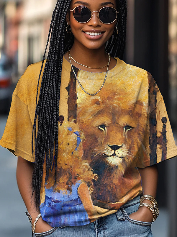 Women's Lion Girl Print Casual T-Shirt-Styleame