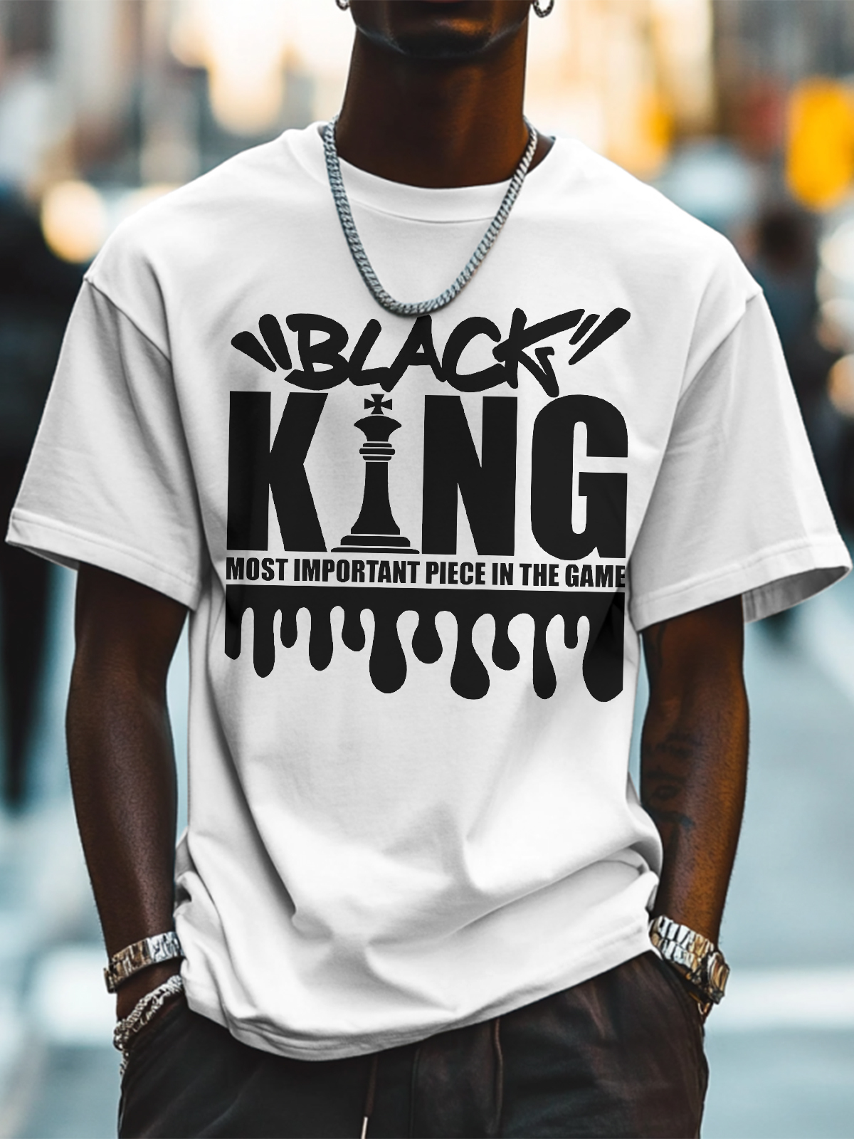 Men's Black King Most Important Piece In The Game Print Cotton Casual T-Shirt-Styleame